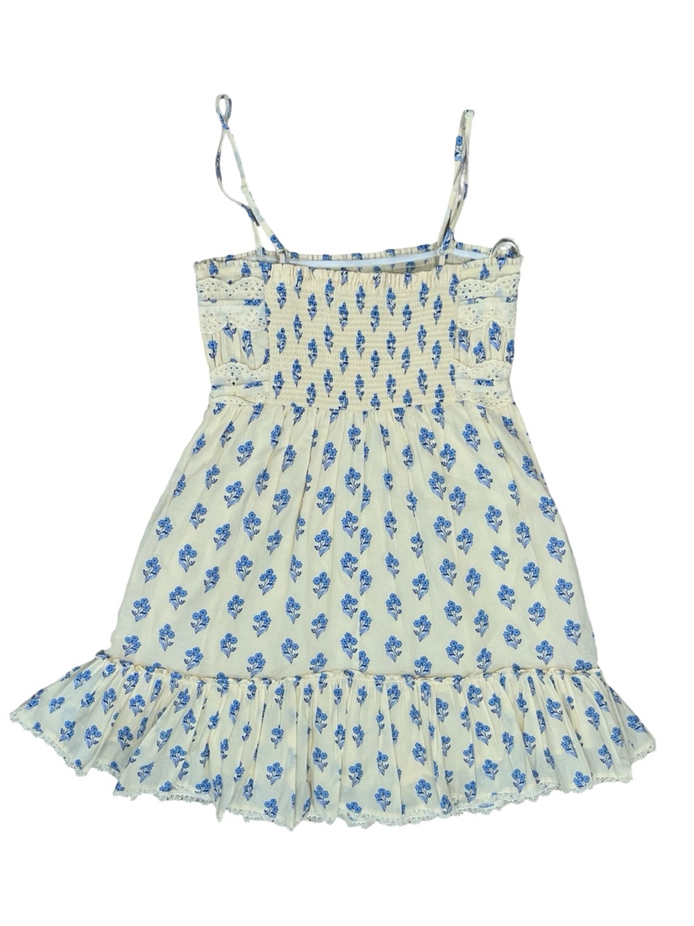 Patrons of Peace Cream Blue Floral Cotton Mini Dress XS Cottagecore Boho Prairie - Picture 7 of 11